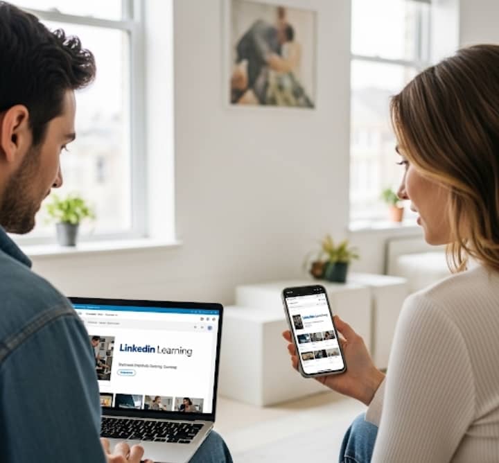 LinkedIn Learning - Deux personnes utilisant LinkedIn Learning sur ordinateur portable et smartphone